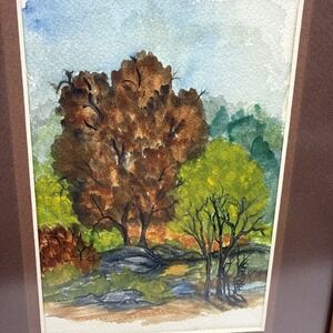 Artist Signed Watercolor Fall Autumn Leaves Changing 4.5" X 7" Wooden Frame Wall